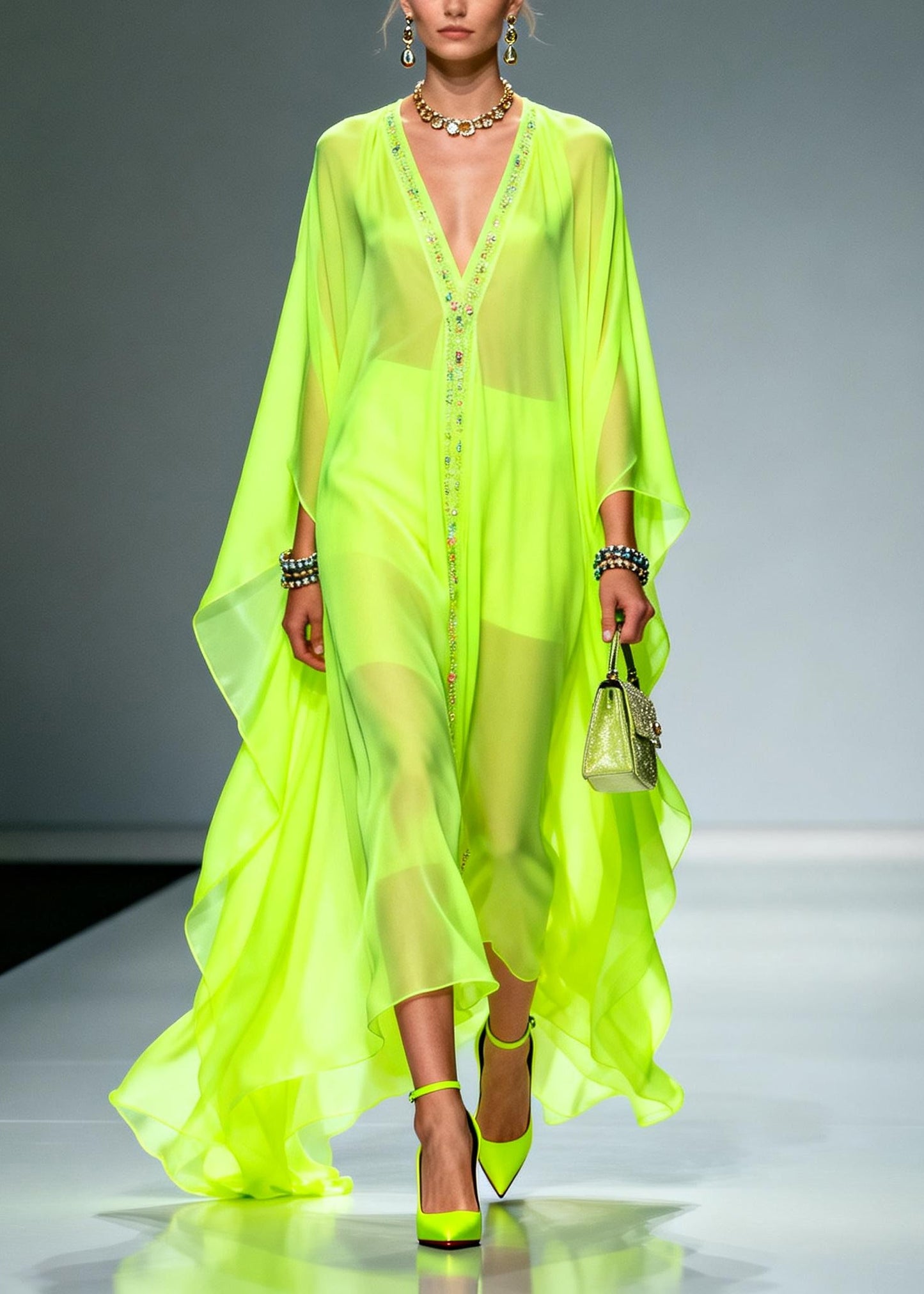 Fluorescent Green Oversized Zircon Chiffon Long Dress Summer