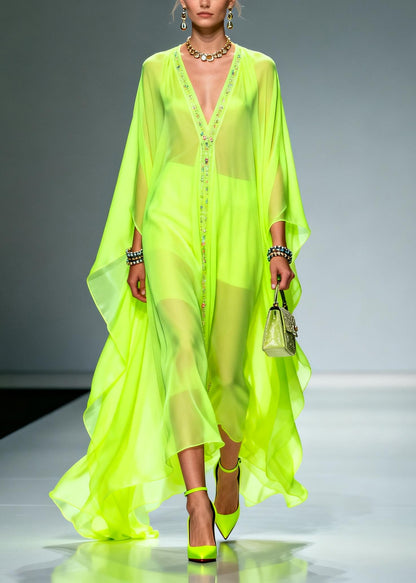 Fluorescent Green Oversized Zircon Chiffon Long Dress Summer