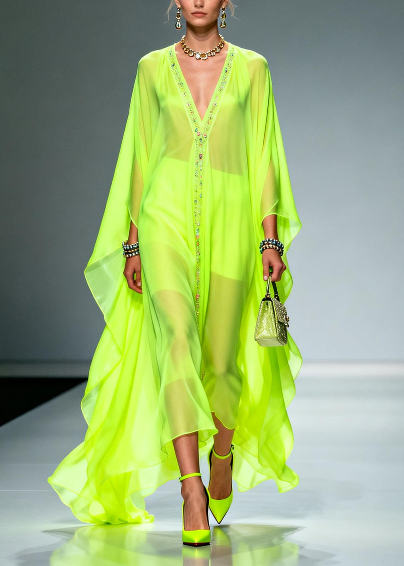 Fluorescent Green Oversized Zircon Chiffon Long Dress Summer