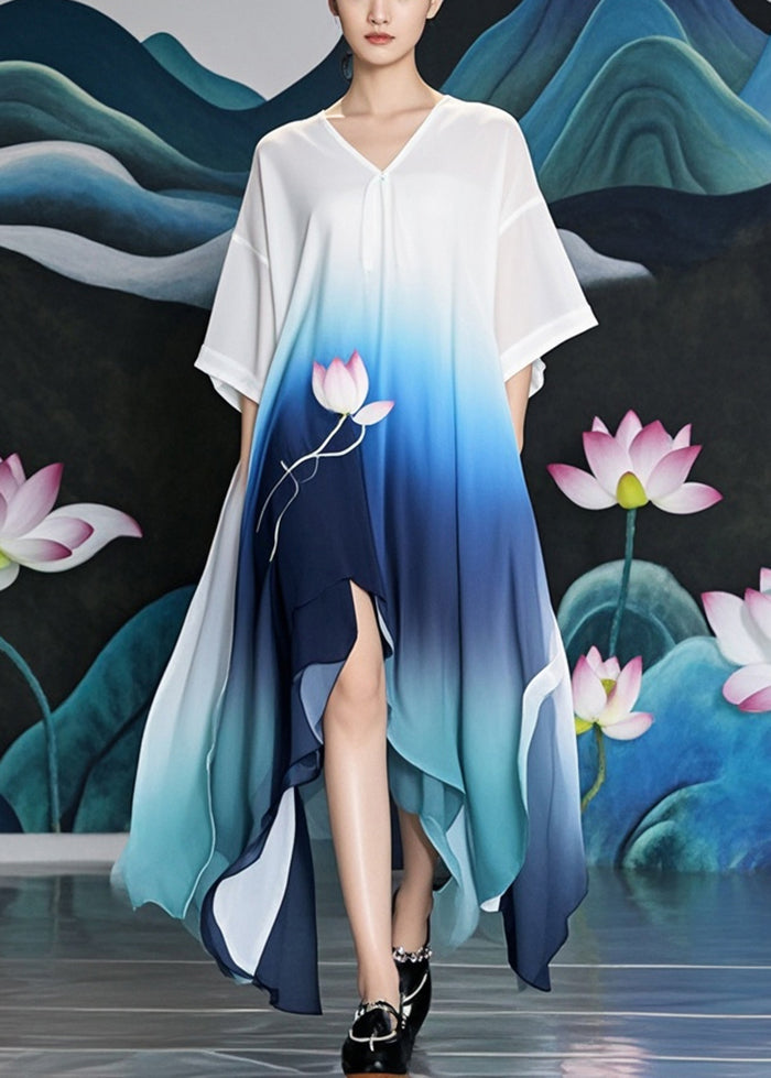 Gradient Color Asymmetrical Design Lotus Print Chiffon Long Dress Summer