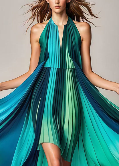 Gradient Color Asymmetrical Exra Large Hem Silk Pleated Dresses Summer