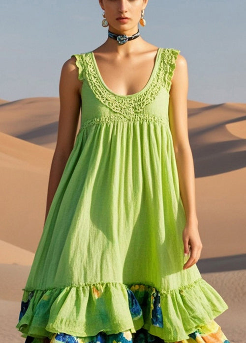Grass Green Print Cotton Long Dresses Summer