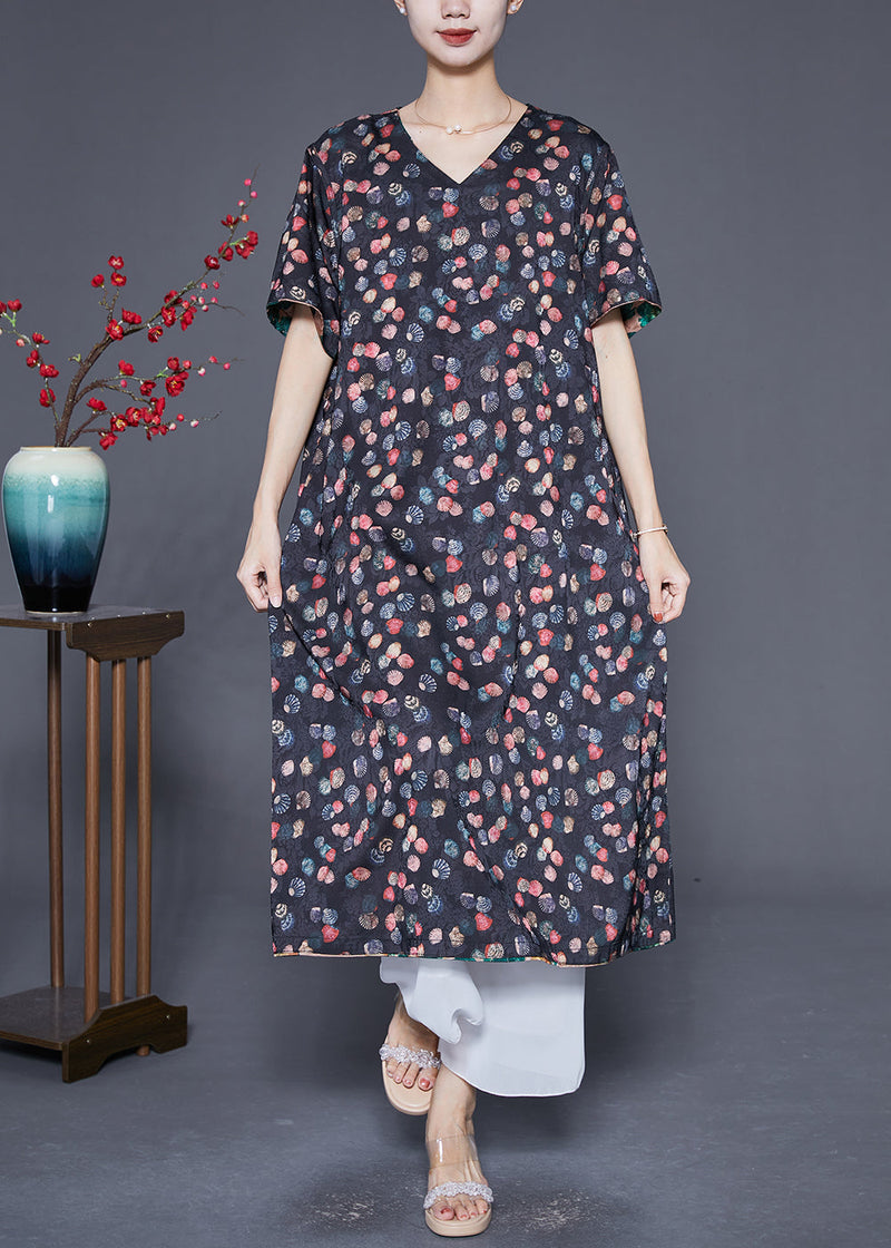 Green and Black Print Wear on Both Sides Silk Long Dresses Summer