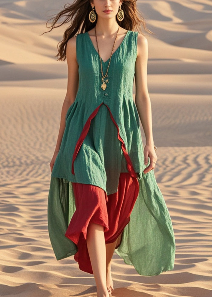 Green Asymmetrical Patchwork Cotton Dress Summer