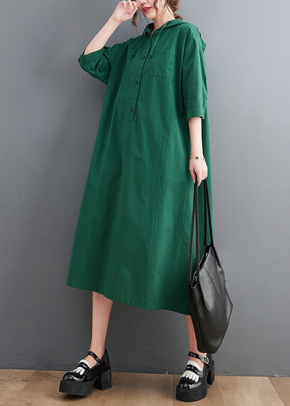 Green Button Neck Tie Cotton Hooded Long Dress Summer