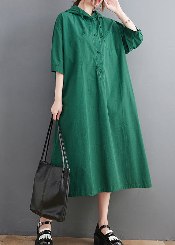 Green Button Neck Tie Cotton Hooded Long Dress Summer