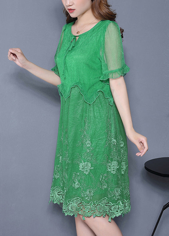 Green Embroidered Ruffled Silk Vacation Dresses Summer