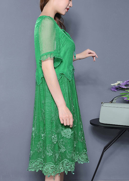 Green Embroidered Ruffled Silk Vacation Dresses Summer