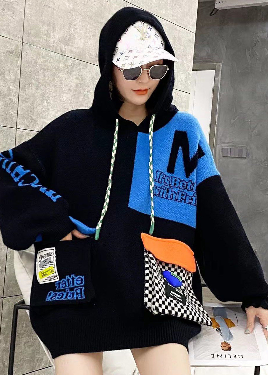 Green Hooded Pockets Patchwork Knit Pullover Spring