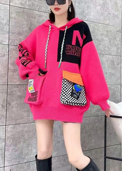 Green Hooded Pockets Patchwork Knit Pullover Spring