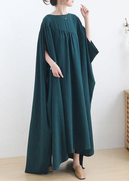 Green O-neck Asymmetrical Cotton Long Dress Short Sleeve
