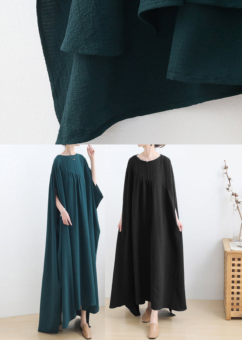 Green O-neck Asymmetrical Cotton Long Dress Short Sleeve
