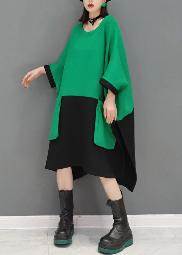 Green O Neck Pockets Patchwork Cotton Mid Dresses Fall