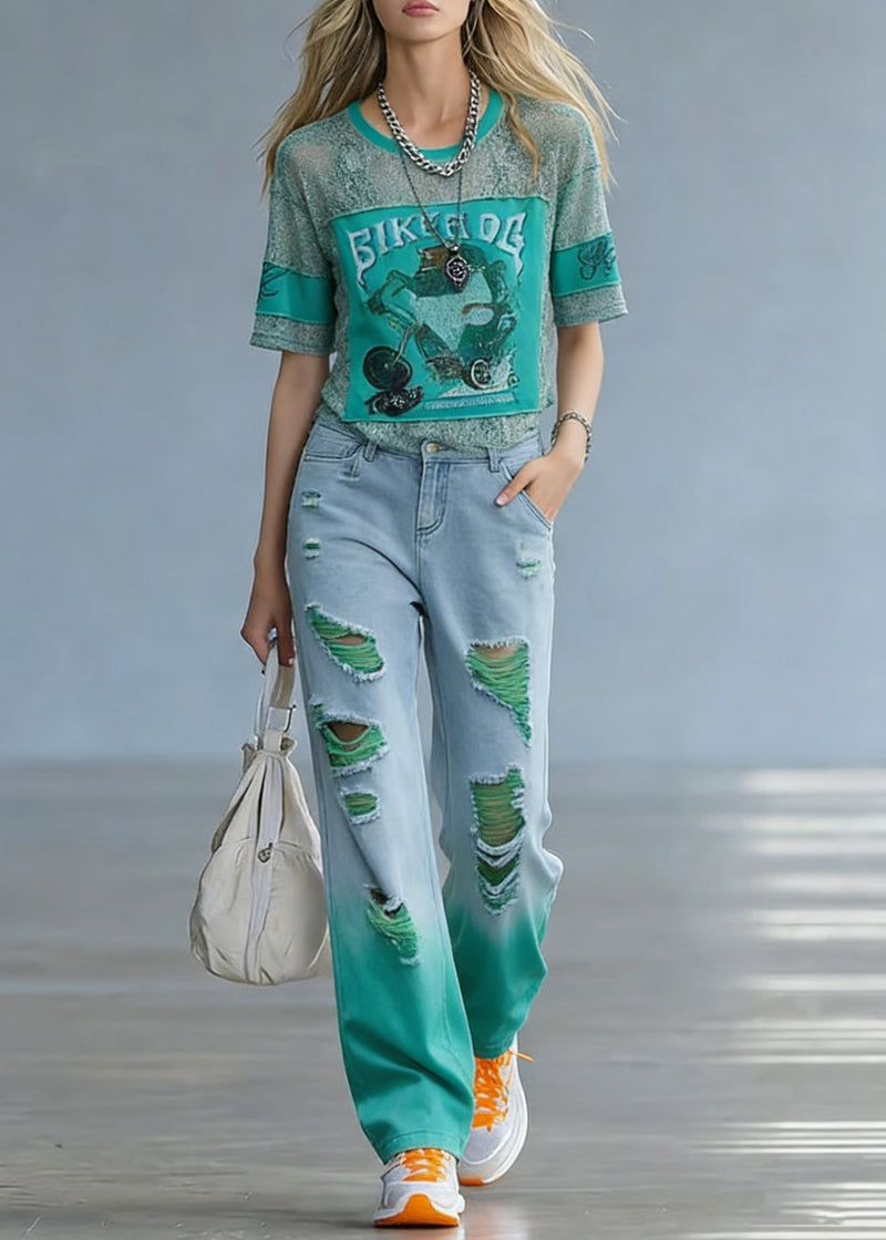 Green O-neck Print Hole Denim T Shirt and Straight Pants Two Pieces Set Short Sleeve