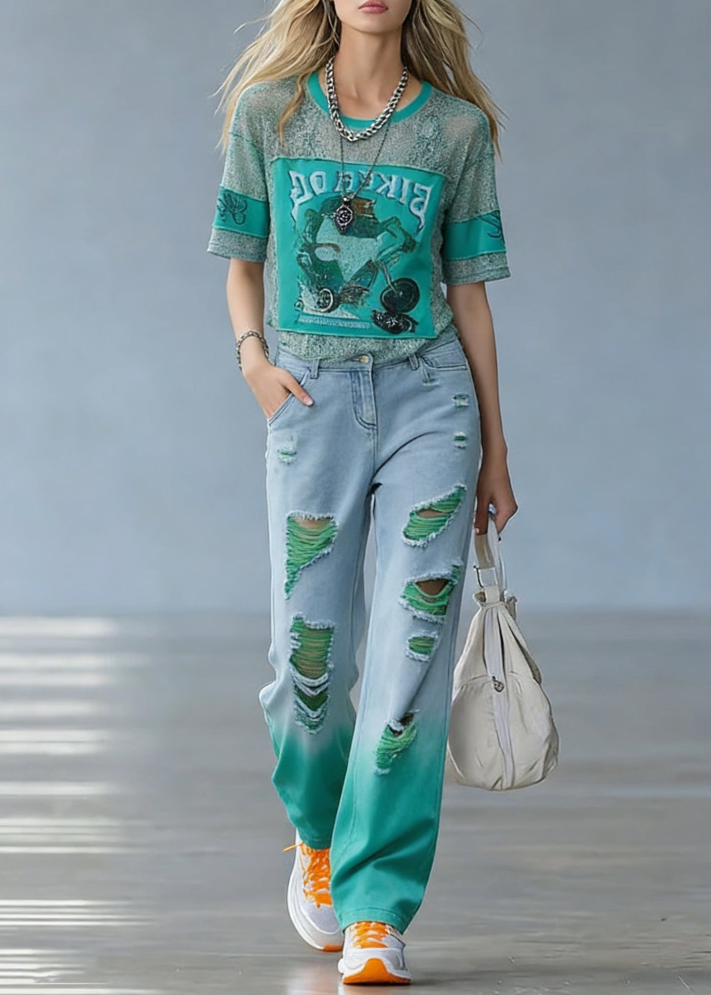 Green O-neck Print Hole Denim T Shirt and Straight Pants Two Pieces Set Short Sleeve