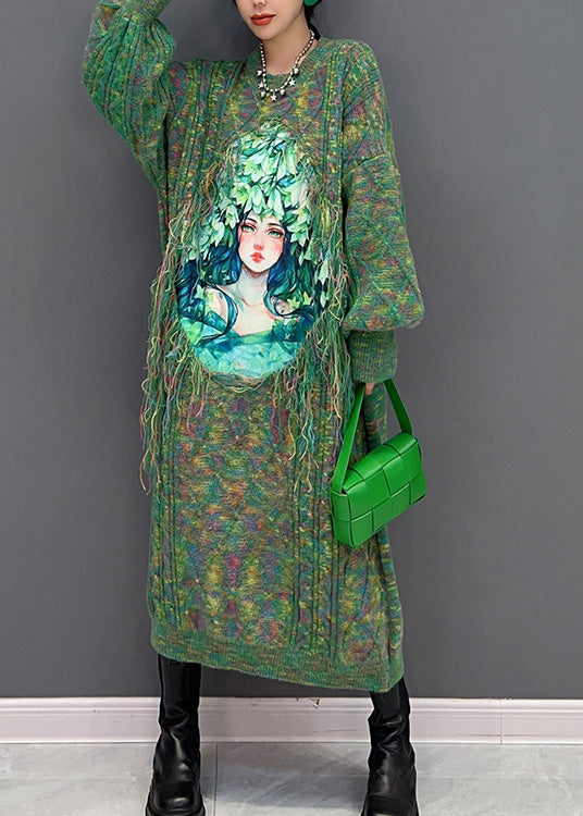 Green O-neck Print Knit Holiday Maxi Sweaters Dress Winter