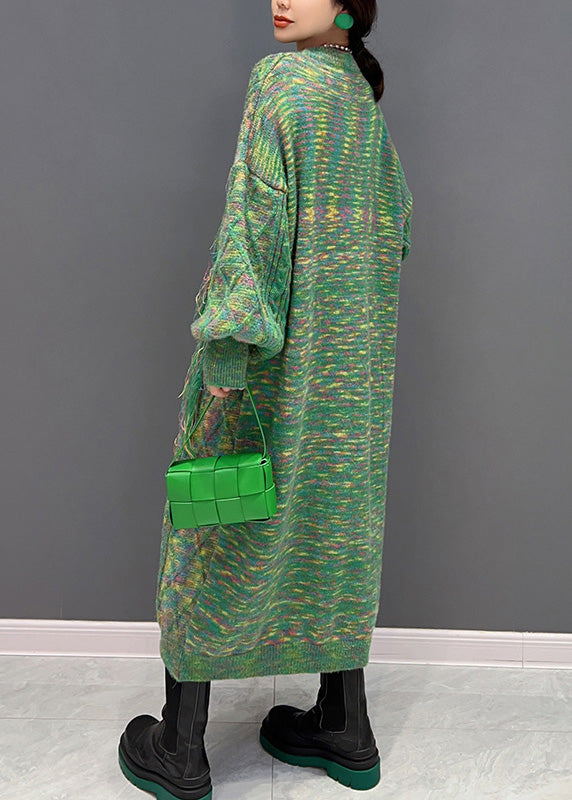 Green O-neck Print Knit Holiday Maxi Sweaters Dress Winter