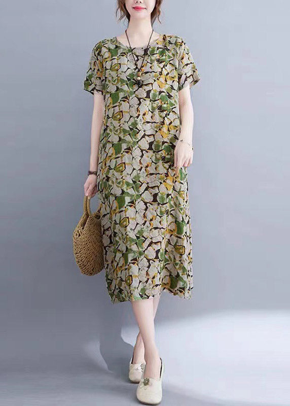 Green O-neck Print Pockets Long Dress Short Sleeve