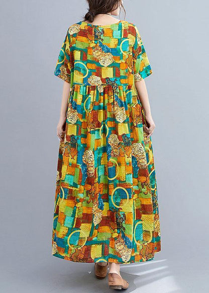 Green O-neck Print Summer Patchwork Robe Dresses Half Sleeve