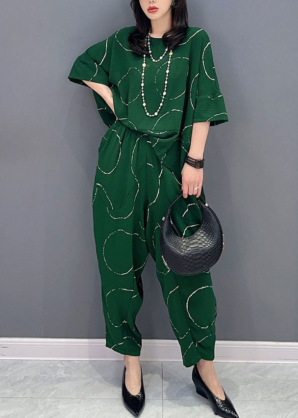Green O-neck Print Tops and Pants Patchwork Cotton Two Pieces Set Summer