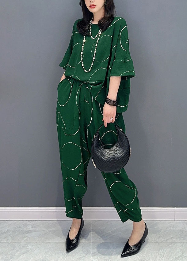 Green O-neck Print Tops and Pants Patchwork Cotton Two Pieces Set Summer