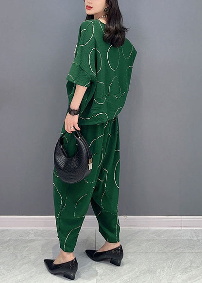 Green O-neck Print Tops and Pants Patchwork Cotton Two Pieces Set Summer
