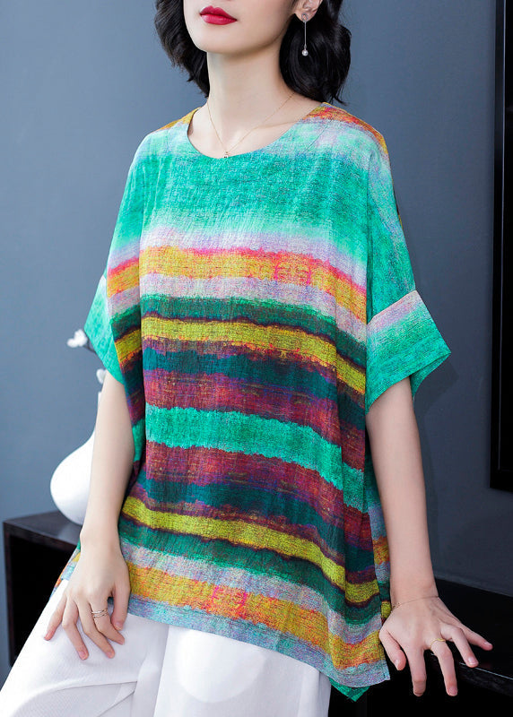 Green O Neck Striped Patchwork Linen T Shirts Tops Summer