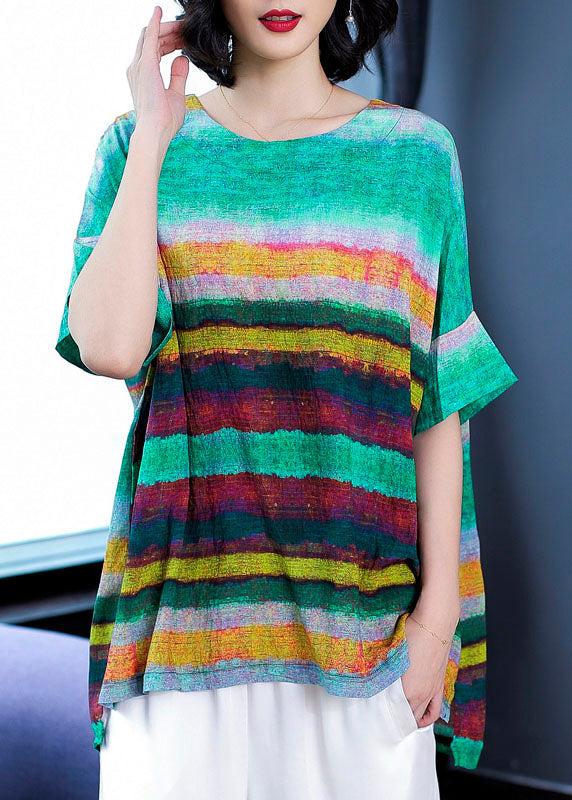 Green O Neck Striped Patchwork Linen T Shirts Tops Summer