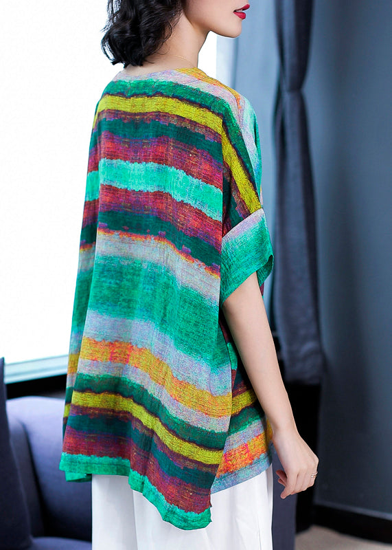 Green O Neck Striped Patchwork Linen T Shirts Tops Summer