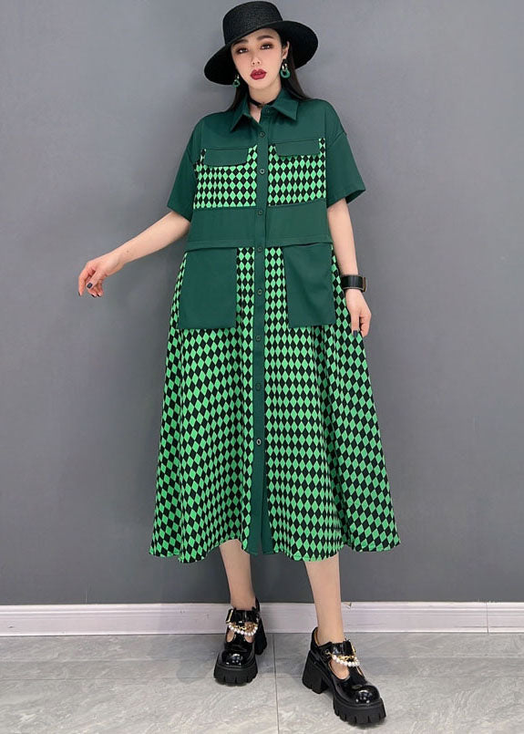 Green Peter Pan Collar Patchwork Print Chiffon Party Dress Short Sleeve