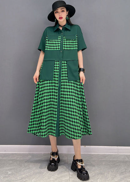 Green Peter Pan Collar Patchwork Print Chiffon Party Dress Short Sleeve