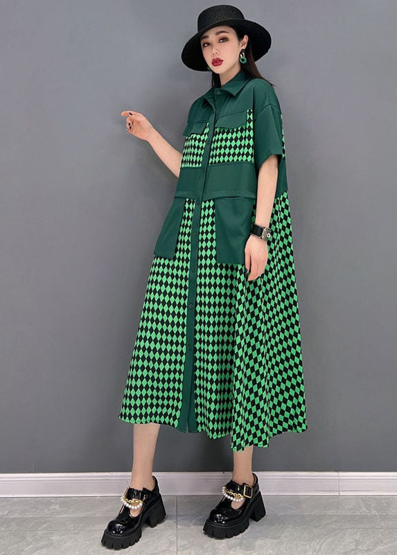 Green Peter Pan Collar Patchwork Print Chiffon Party Dress Short Sleeve