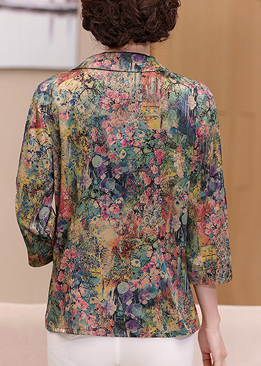 Green Peter Pan Collar Print Silk Shirts Spring