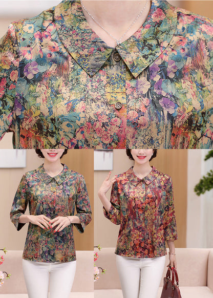 Green Peter Pan Collar Print Silk Shirts Spring