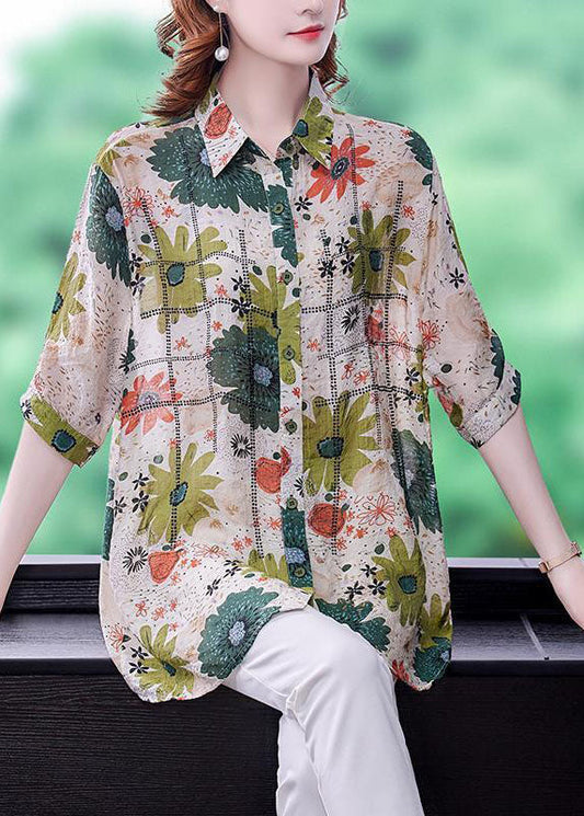 Green Peter Pan Collar Print Silk Top Short Sleeve