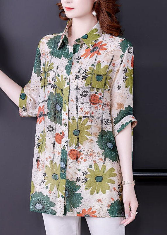 Green Peter Pan Collar Print Silk Top Short Sleeve