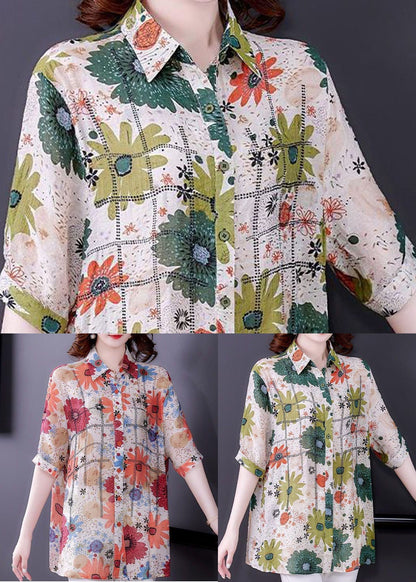 Green Peter Pan Collar Print Silk Top Short Sleeve