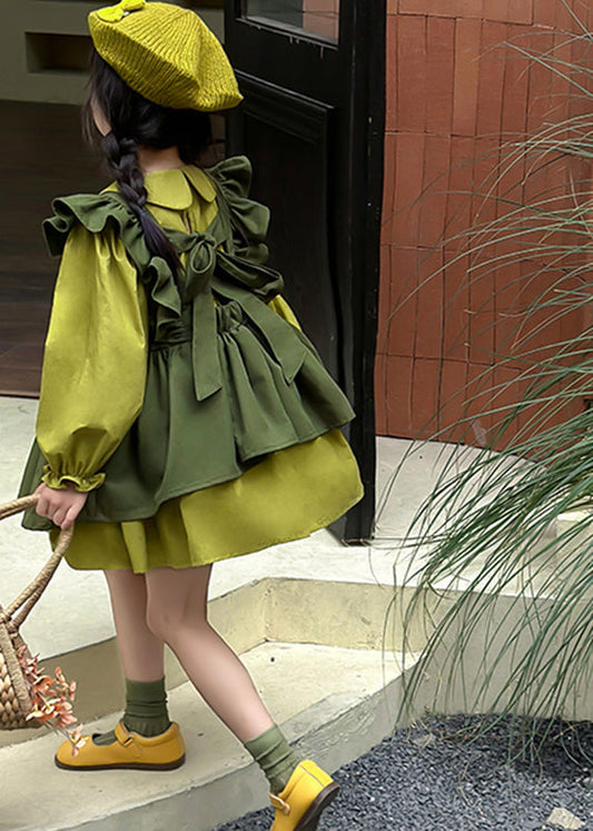 Green Peter Pan Collar Ruffled Kids Long Waistcoat and Mid Dresstwo Pieces Set Long Sleeve
