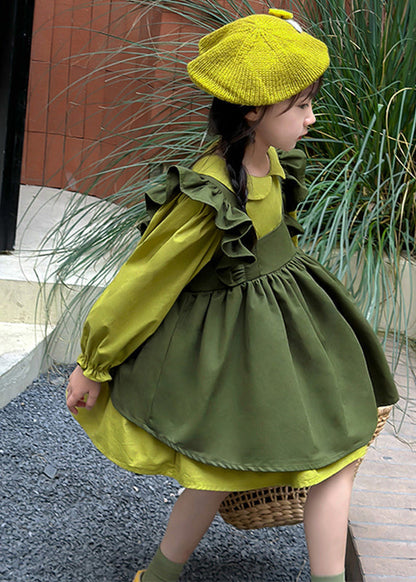 Green Peter Pan Collar Ruffled Kids Long Waistcoat and Mid Dresstwo Pieces Set Long Sleeve