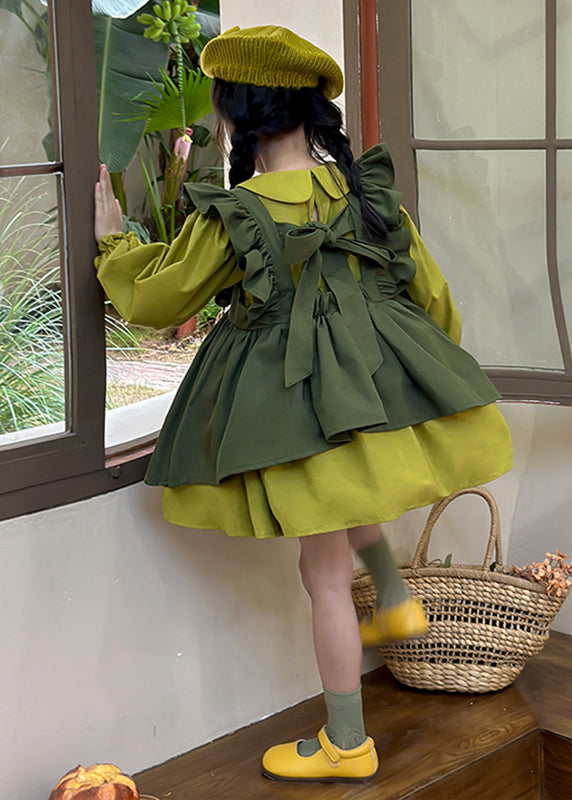 Green Peter Pan Collar Ruffled Kids Long Waistcoat and Mid Dresstwo Pieces Set Long Sleeve