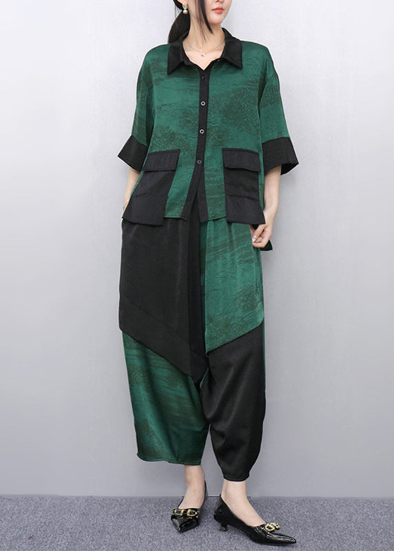 Green Peter Pan Collar Top and Wide Leg Pants Two Pieces Set Summer