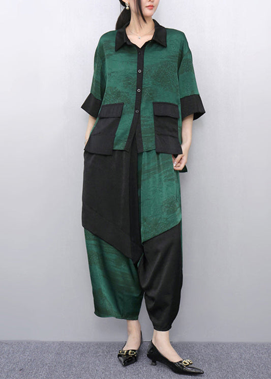Green Peter Pan Collar Top and Wide Leg Pants Two Pieces Set Summer