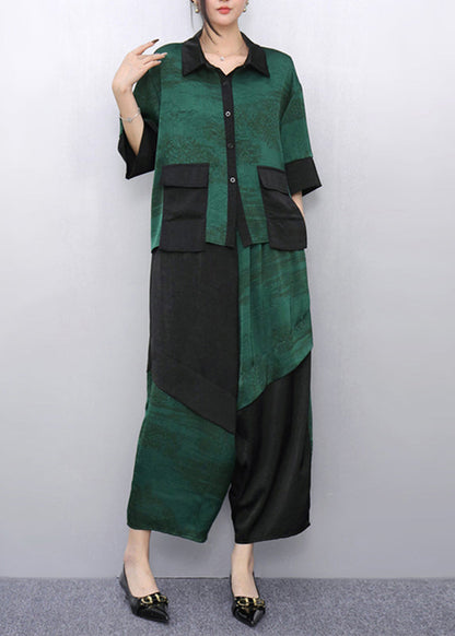 Green Peter Pan Collar Top and Wide Leg Pants Two Pieces Set Summer