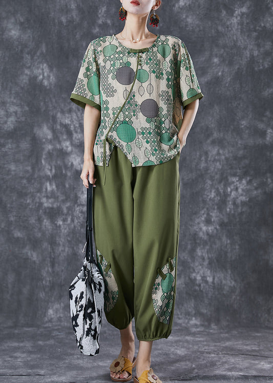 Green Print Chinese Button Cotton Two Pieces Set Summer