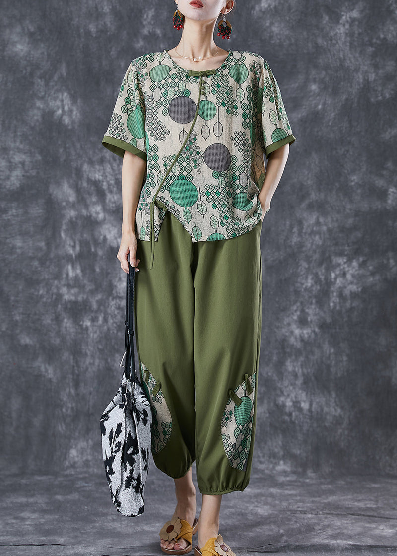 Green Print Chinese Button Cotton Two Pieces Set Summer