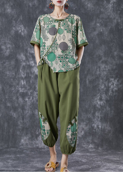 Green Print Chinese Button Cotton Two Pieces Set Summer