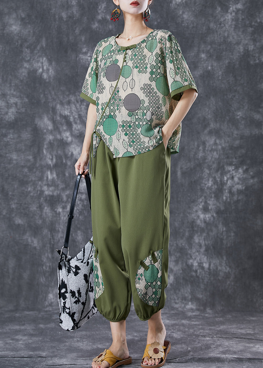 Green Print Chinese Button Cotton Two Pieces Set Summer