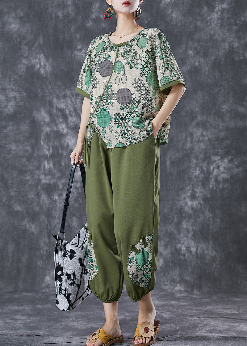 Green Print Chinese Button Cotton Two Pieces Set Summer