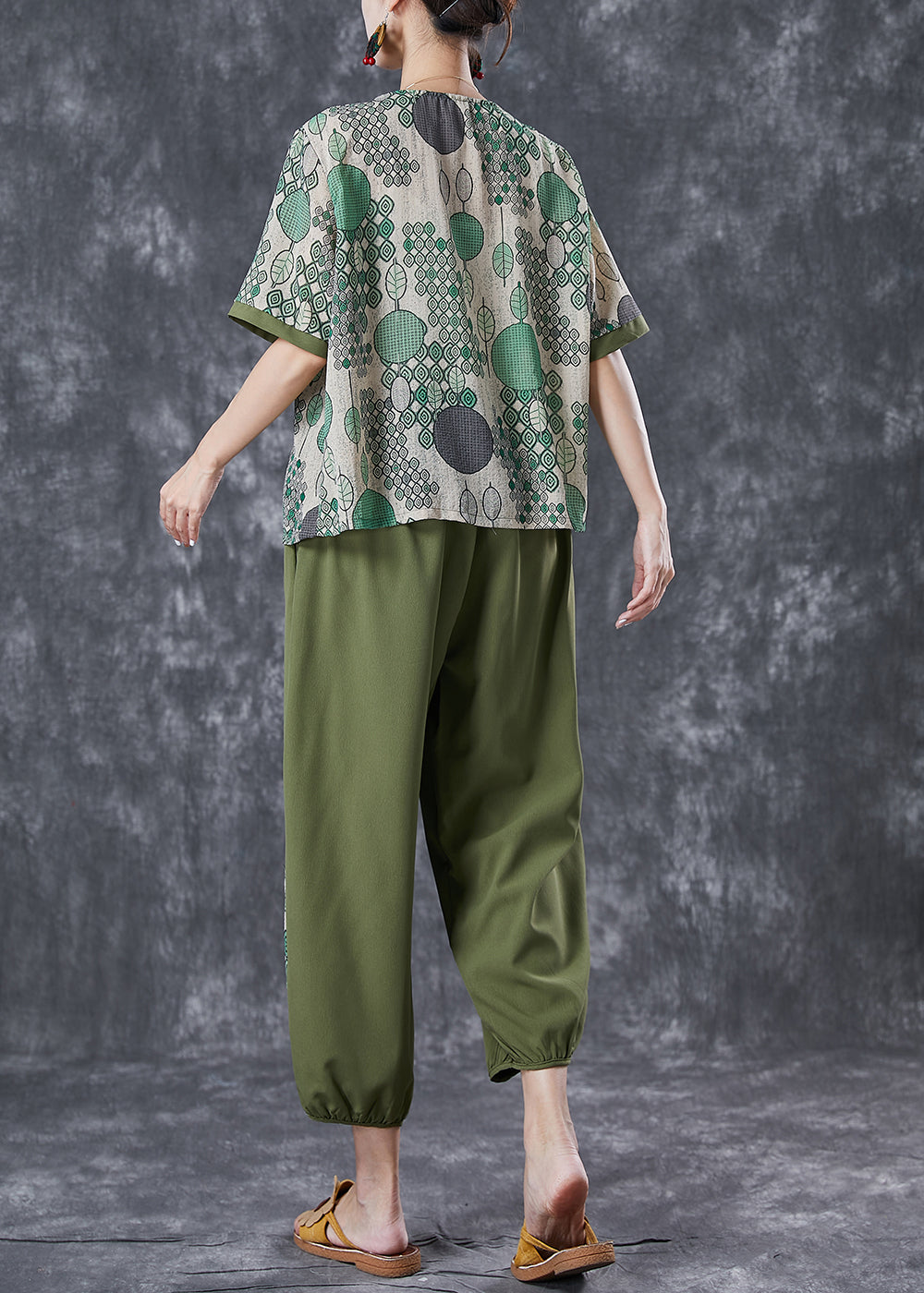 Green Print Chinese Button Cotton Two Pieces Set Summer