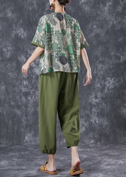 Green Print Chinese Button Cotton Two Pieces Set Summer